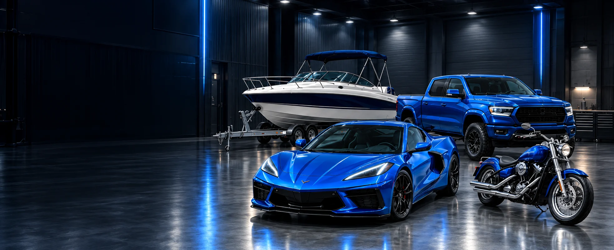 A blue sports car, pickup truck, white boat and cruiser motorcycle in a dark showroom